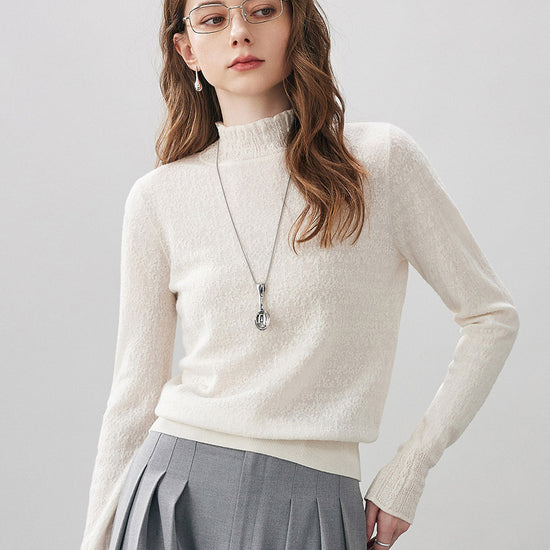 COMOBOCA 100% Wool Women's Ruffled Mock Neck Knit Sweater