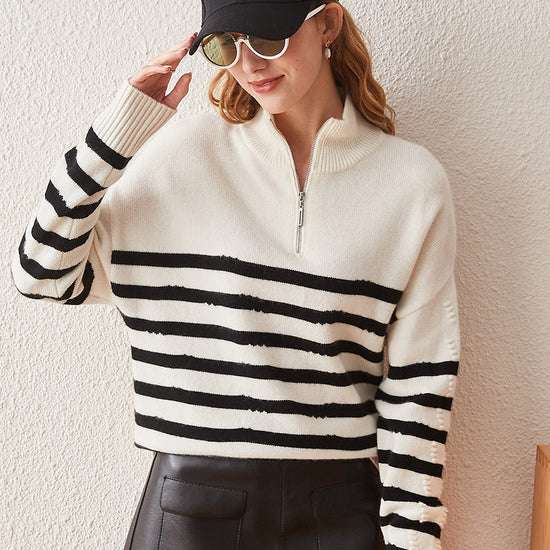 COMOBOCA Striped 100% Cashmere Women's Striped Half-Zip Knit Sweater