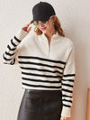 COMOBOCA Striped 100% Cashmere Women's Striped Half-Zip Knit Sweater