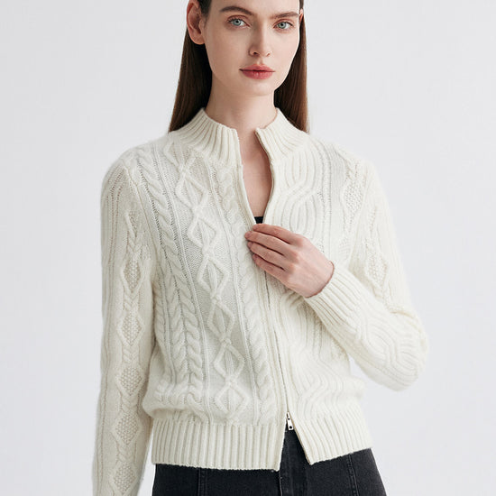 COMOBOCA 100% Cashmere Women's Cable Knit Zip Up Cardigan