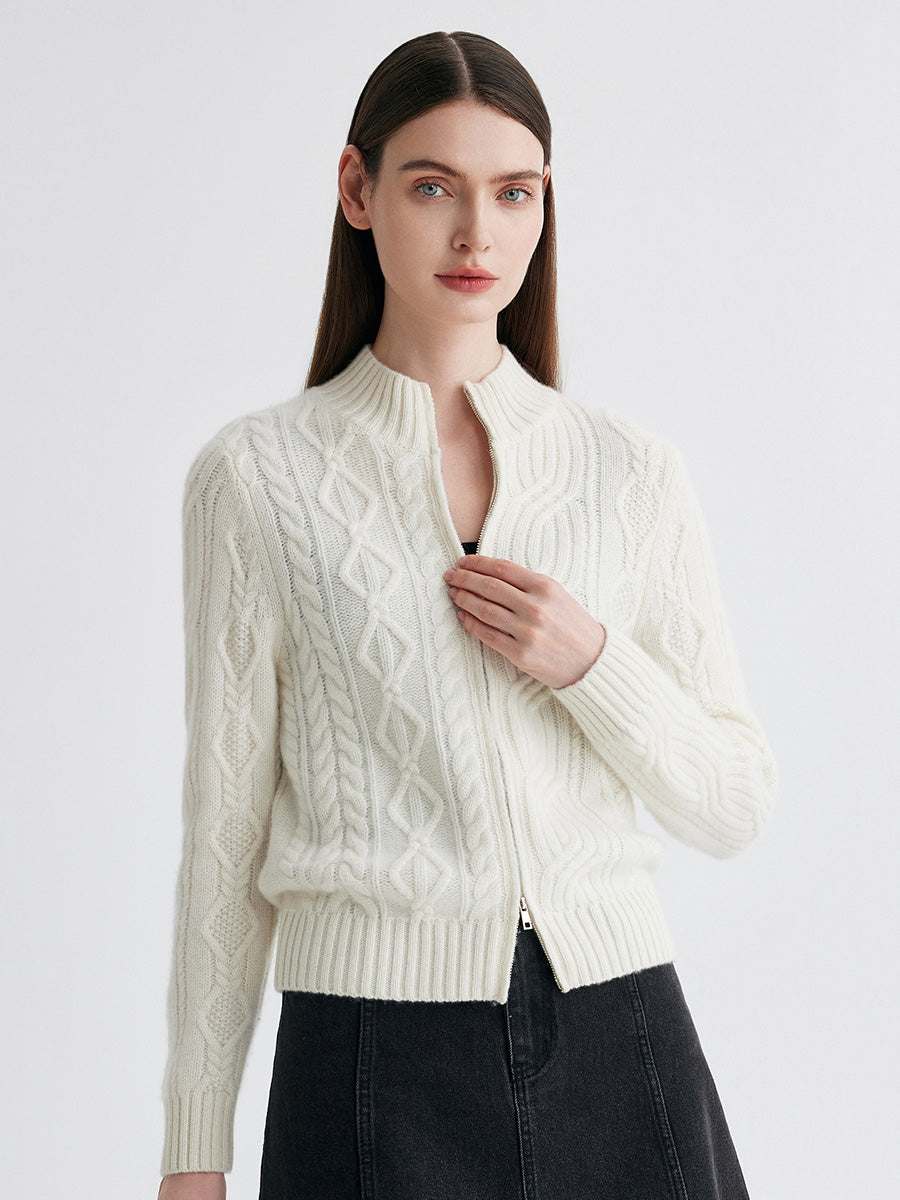 COMOBOCA 100% Cashmere Women's Cable Knit Zip Up Cardigan