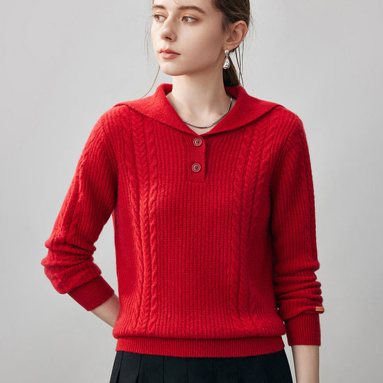 COMOBOCA XL Red 100% Cashmere Women's Cable Sailor Collar Sweater