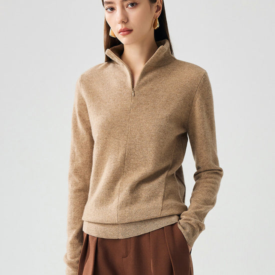 COMOBOCA Beige 100% Cashmere Women's Half-Zip Mock Neck Pullover Sweater