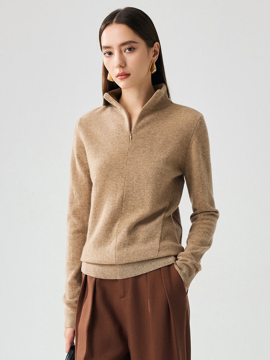 COMOBOCA Beige 100% Cashmere Women's Half-Zip Mock Neck Pullover Sweater