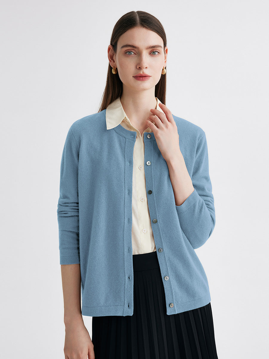 COMOBOCA Light Blue 100% Cashmere Women's Button-Up Cardigan