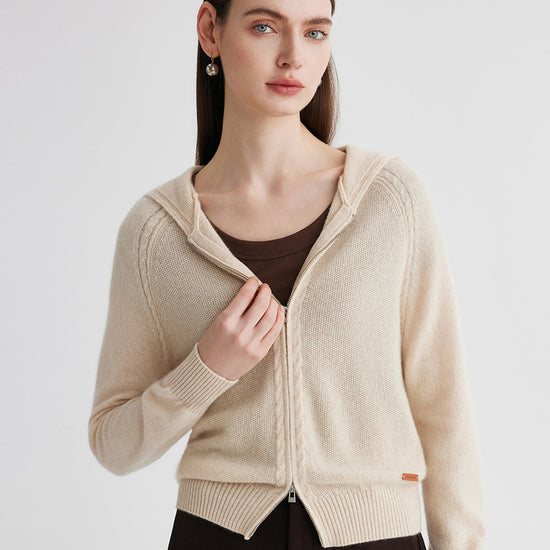 COMOBOCA Beige 100% Cashmere Women's Double Zip Hoodie