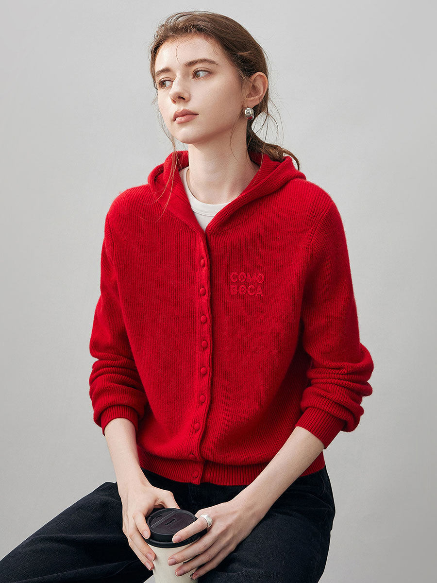 COMOBOCA 100% Cashmere Women's Button Up Knit Hoodie