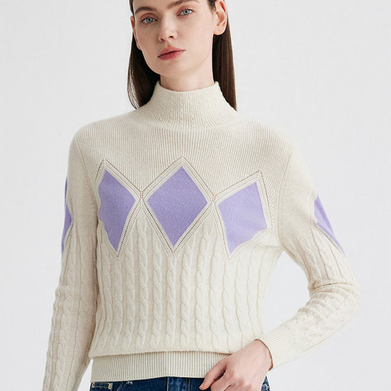 COMOBOCA Cloudy 100% Cashmere Women's Argyle Cable Turtleneck Knit Sweater