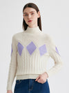 COMOBOCA Cloudy 100% Cashmere Women's Argyle Cable Turtleneck Knit Sweater
