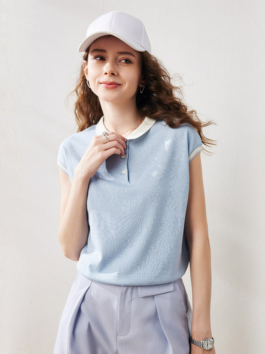 COMOBOCA Women's Cotton Silk Ribbed Polo Neck Knit T-Shirt