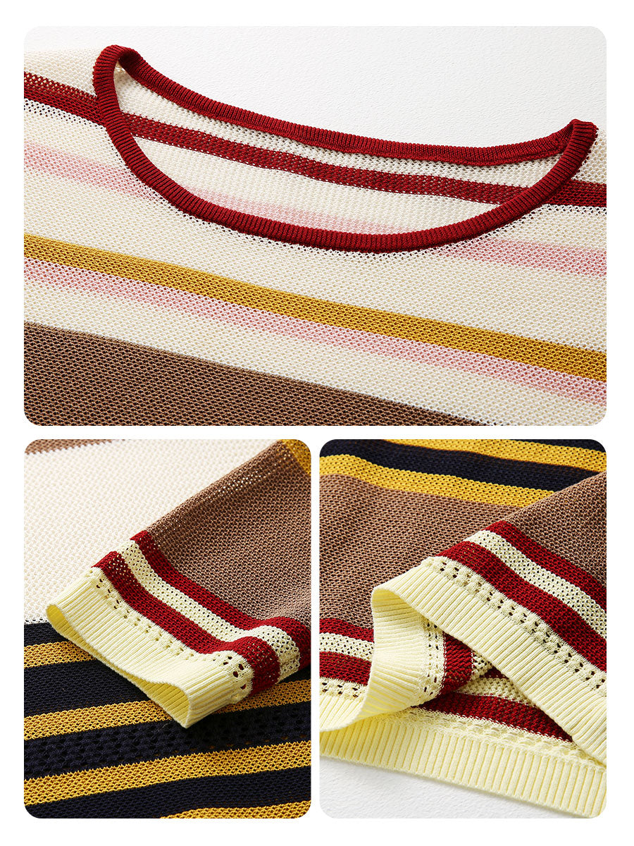 COMOBOCA Women's Multi Striped Mesh Knit Round Neck Sweater