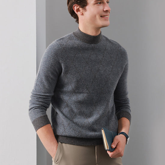 COMOBOCA 100% Cashmere Men's Mock Neck Jacquard Sweater