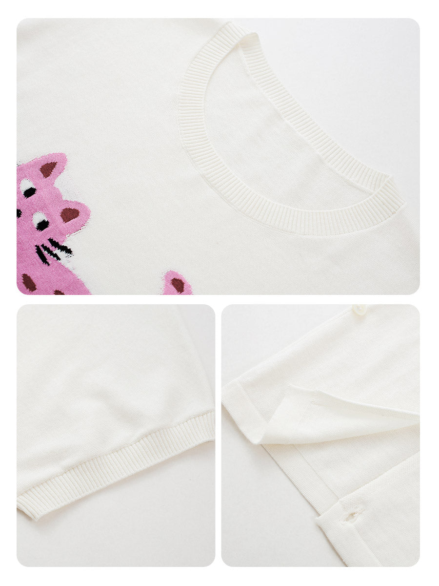 COMOBOCA Women's Leopard Cat Embroidered Knit T-Shirt