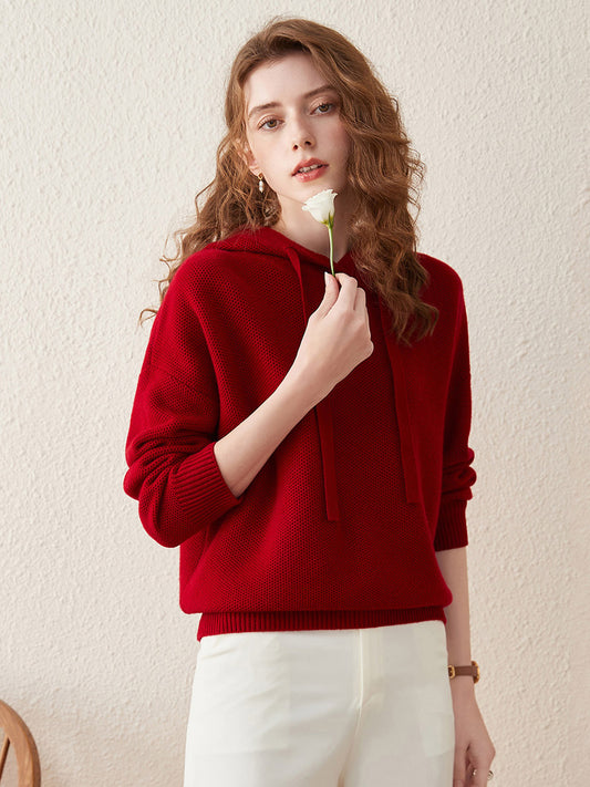 COMOBOCA Red 100% Wool Women's Sweater Casual Knit Hoodie