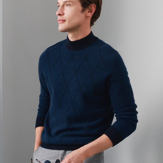 COMOBOCA NAVY BLUE 100% Cashmere Men's Mock Neck Jacquard Sweater
