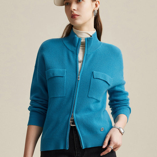 COMOBOCA 100% Wool Women's Dual Zip Cardigan with Pockets