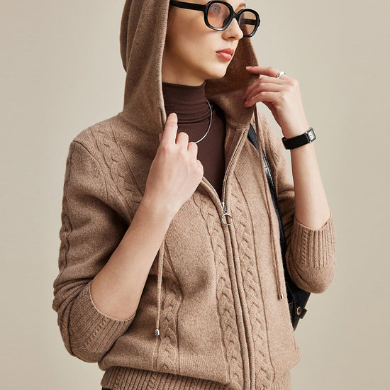 COMOBOCA 100% Wool Women's Cable Knit Zip Cardigan Hoodie