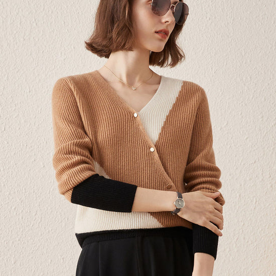 COMOBOCA BROWN 100% Cashmere Women's V-Neck Color Block Faux Sweater