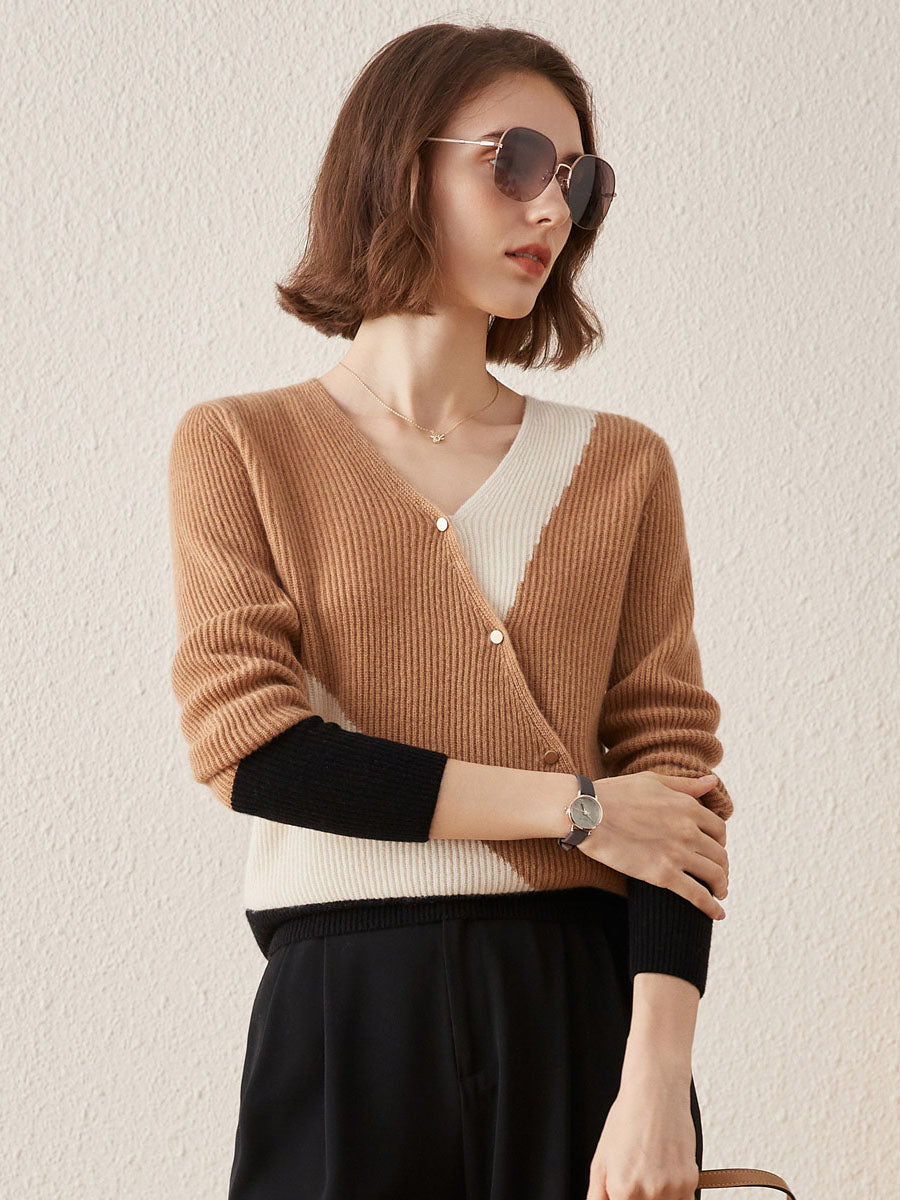 COMOBOCA BROWN 100% Cashmere Women's V-Neck Color Block Faux Sweater