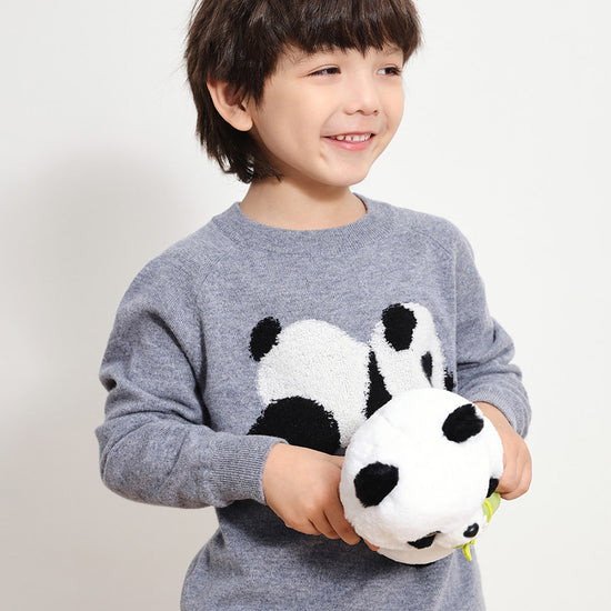 COMOBOCA GREY 100% Wool Kids' Round Neck Intarsia Sweater