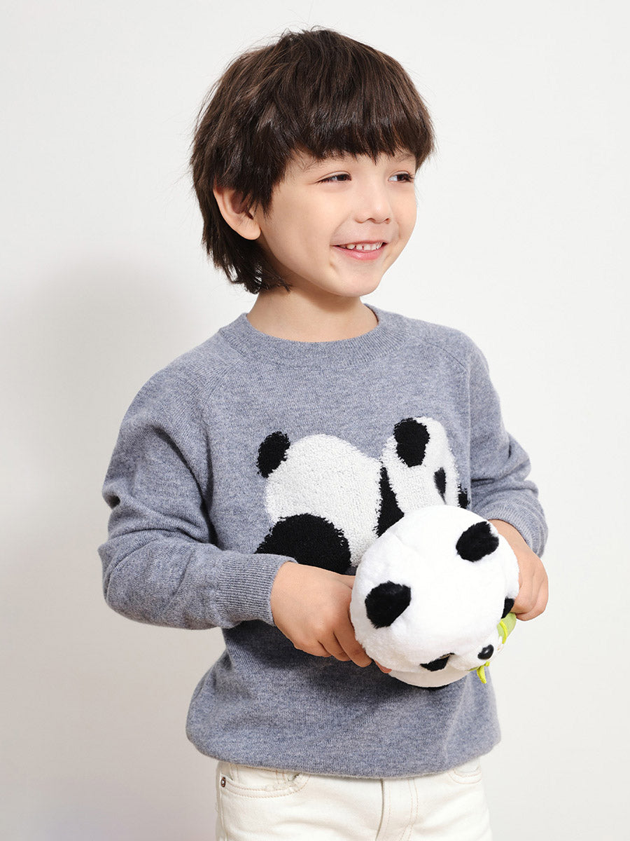 COMOBOCA GREY 100% Wool Kids' Round Neck Intarsia Sweater