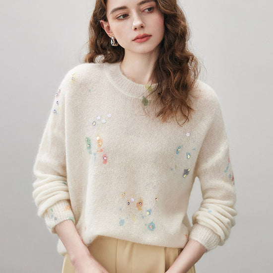 COMOBOCA Floral Women's Sequined Floral Printed Round Neck Sweater