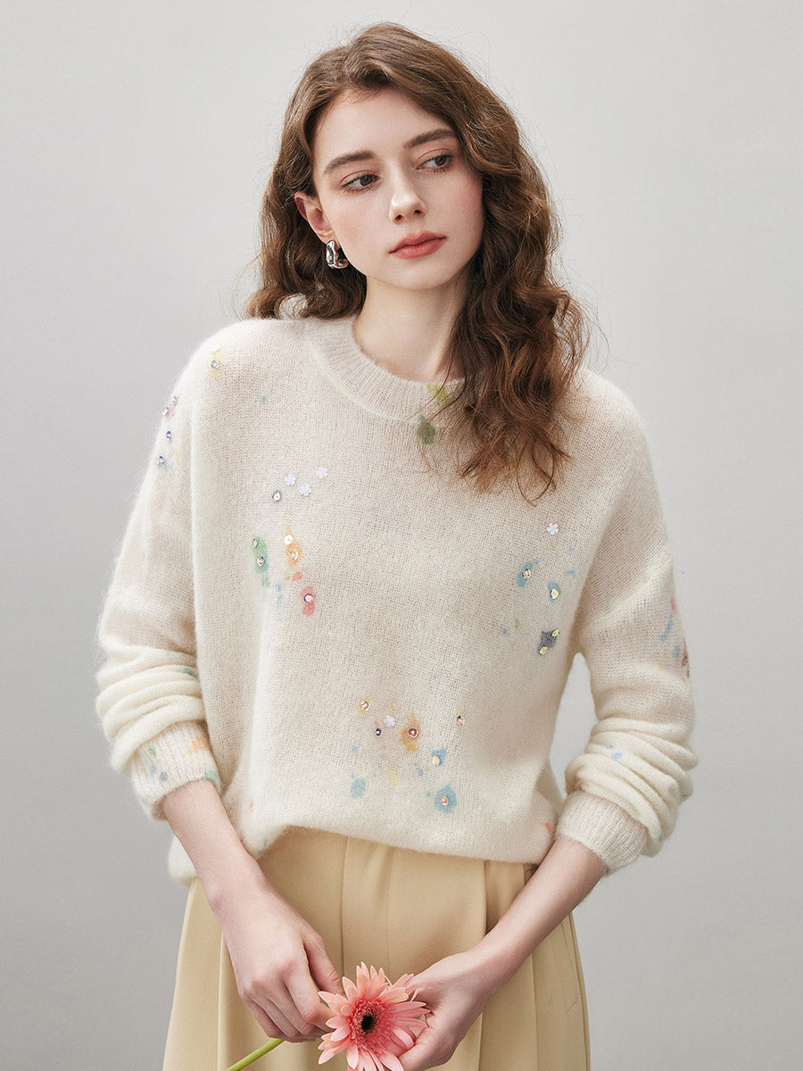 COMOBOCA Floral Women's Sequined Floral Printed Round Neck Sweater