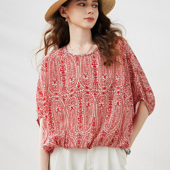 COMOBOCA 100% Mulberry Silk Women's Floral Printed Puff Sleeve Blouse