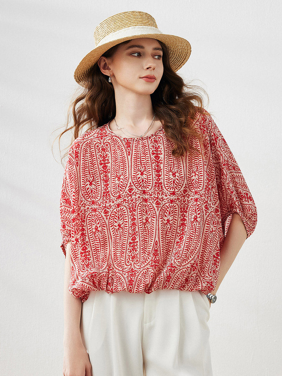 COMOBOCA 100% Mulberry Silk Women's Floral Printed Puff Sleeve Blouse