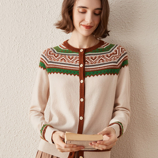 COMOBOCA 100% Cashmere Women's Vintage Inspired Geometric Knit Cardigan