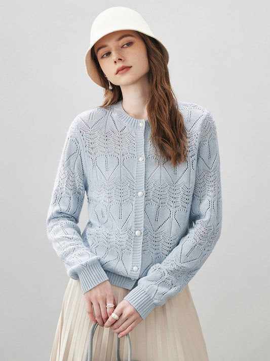 COMOBOCA Light Blue Women's Chic Heart Patterned Button Cardigan