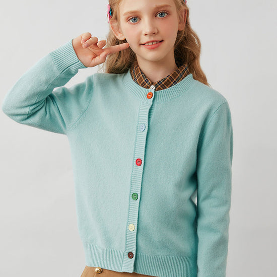 COMOBOCA Moonlight Green 100% Wool Kids' Colorful Buttons Round Neck Cardigan