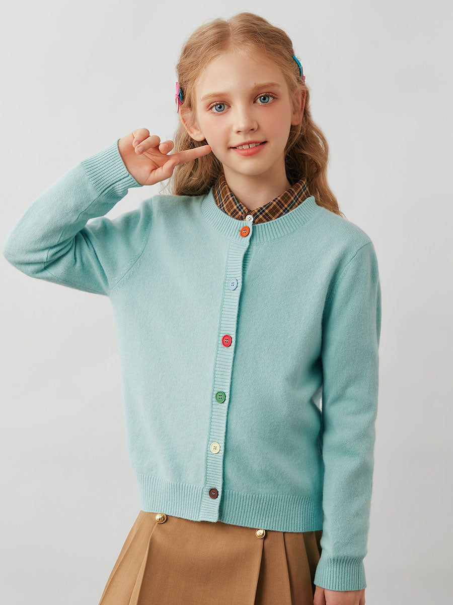 COMOBOCA Moonlight Green 100% Wool Kids' Colorful Buttons Round Neck Cardigan