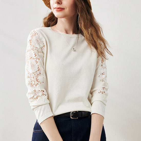 COMOBOCA White Women's Lace Sleeve Round Neck Sweater