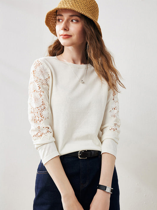 COMOBOCA White Women's Lace Sleeve Round Neck Sweater