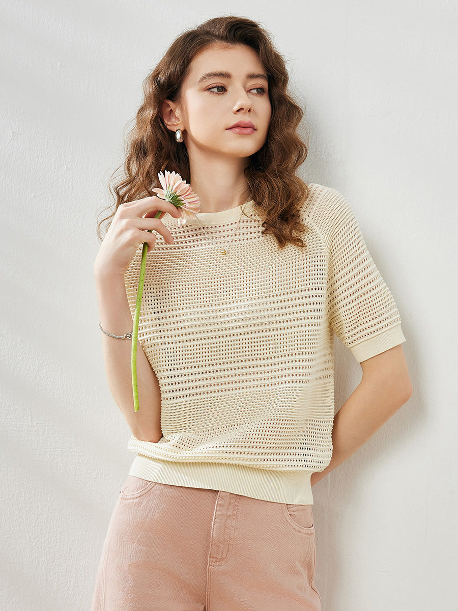 COMOBOCA Women's Ribbed Perforated T-Shirt