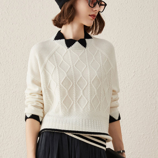 COMOBOCA 100% Cashmere Women's Contrast Jacquard Mock Neck Sweater