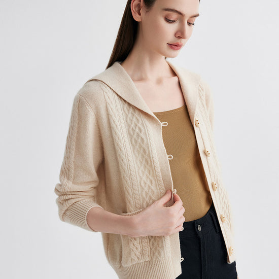 COMOBOCA 100% Cashmere Women's Sailor Collar Cable Knit Cardigan
