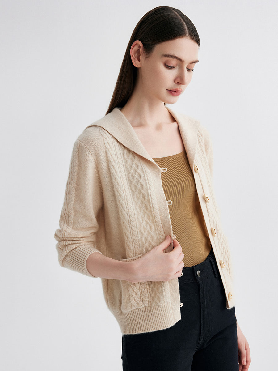 COMOBOCA 100% Cashmere Women's Sailor Collar Cable Knit Cardigan