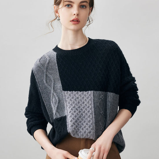 COMOBOCA Black 100% Cashmere Women's Patchwork Cable Knit Sweater