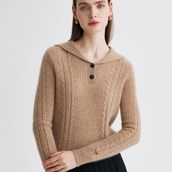 COMOBOCA 100% Cashmere Women's Cable Sailor Collar Sweater