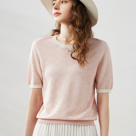 COMOBOCA Pink Women's Diamond Knit Short Sleeve Sweater