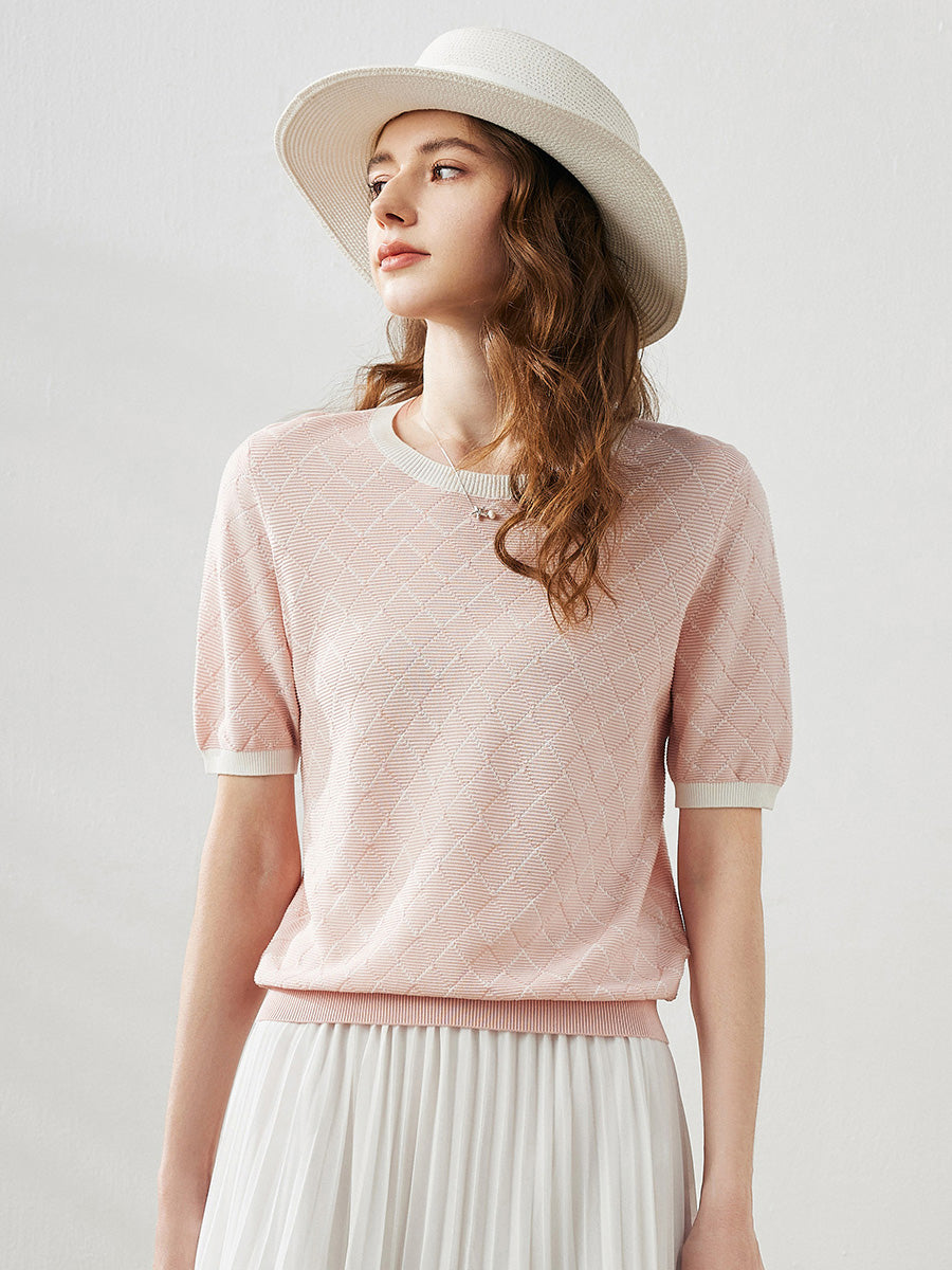COMOBOCA Pink Women's Diamond Knit Short Sleeve Sweater