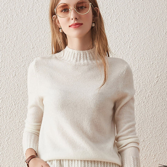 COMOBOCA WHITE 100% Cashmere Women's Mock Neck Knit Sweater