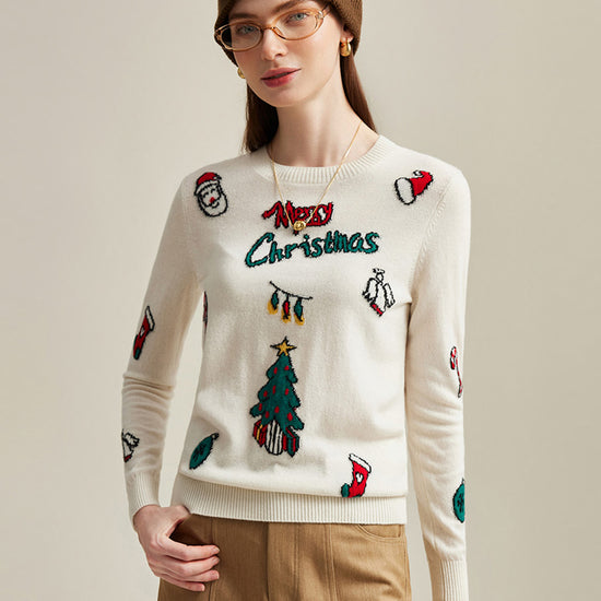 COMOBOCA 100% Cashmere Women's Christmas Embroidered Knit Sweater