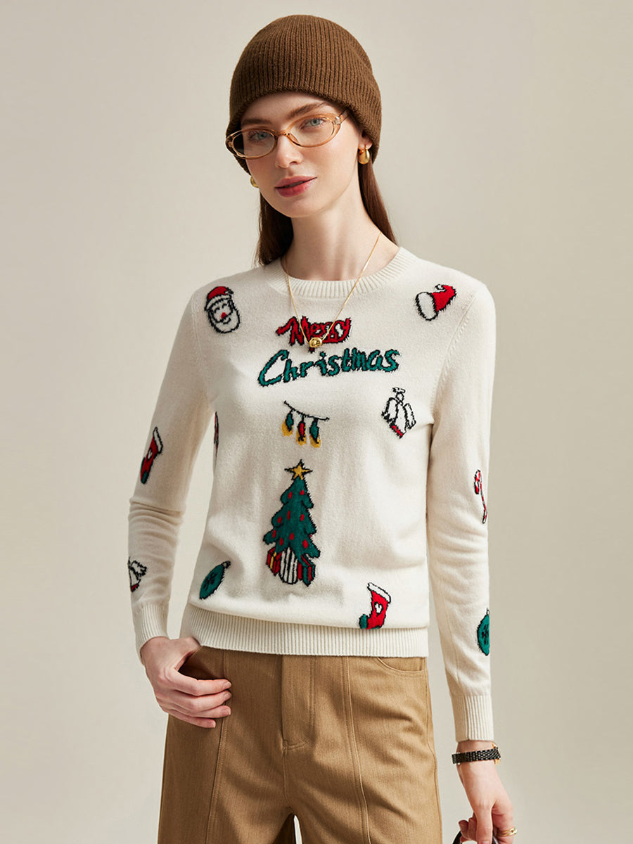 COMOBOCA 100% Cashmere Women's Christmas Embroidered Knit Sweater
