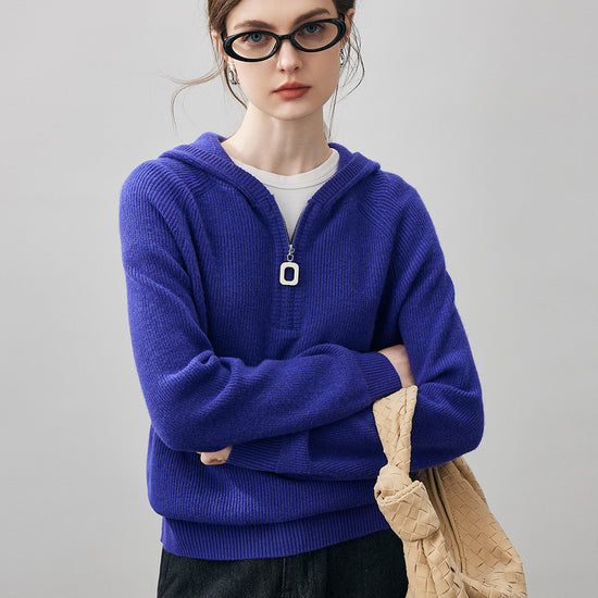 COMOBOCA 100% Cashmere Women's Ribbed Half Zip Knit Hoodie