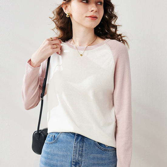 COMOBOCA Women's Colorblock Raglan Round Neck Sweater