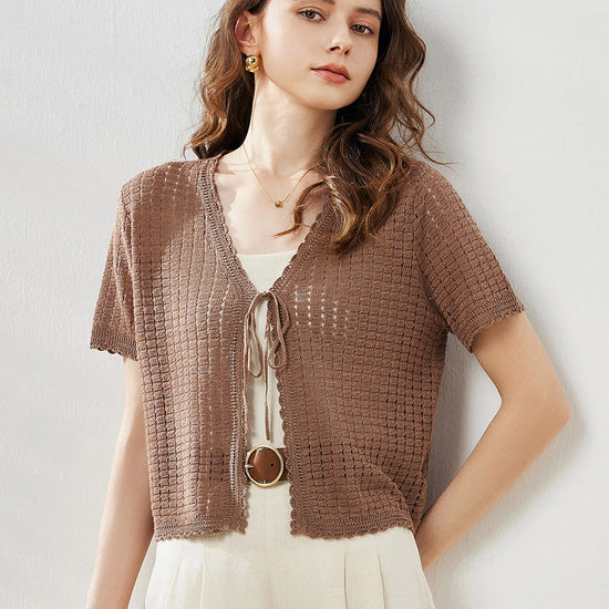 COMOBOCA Women's Linen Crochet Tie Short Sleeve Cardigan