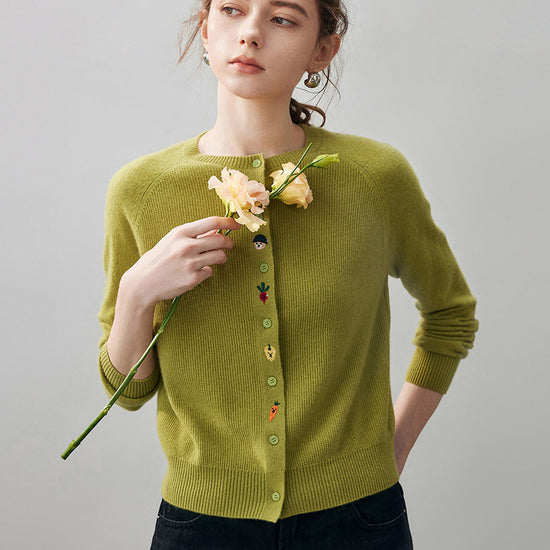 COMOBOCA 100% Cashmere Women's Embroidered Button-Front Cardigan